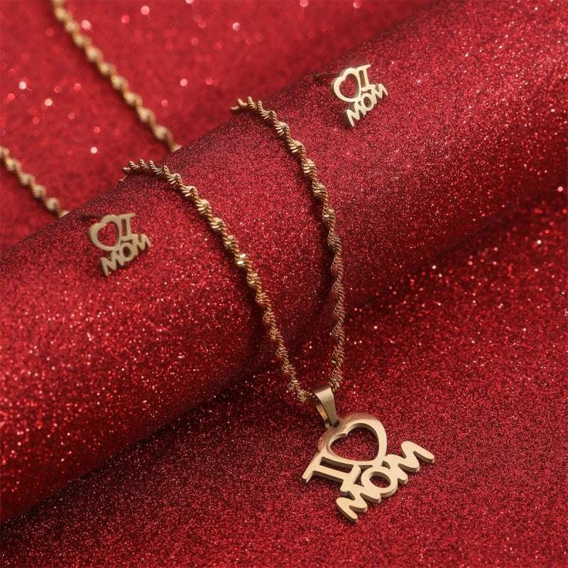 Mother's Day Jewelry Set Stainless Steel I Love Mom Mama Love Heart Pendant Necklace Earrings Thanksgiving Gift | Orazek UK Ltd