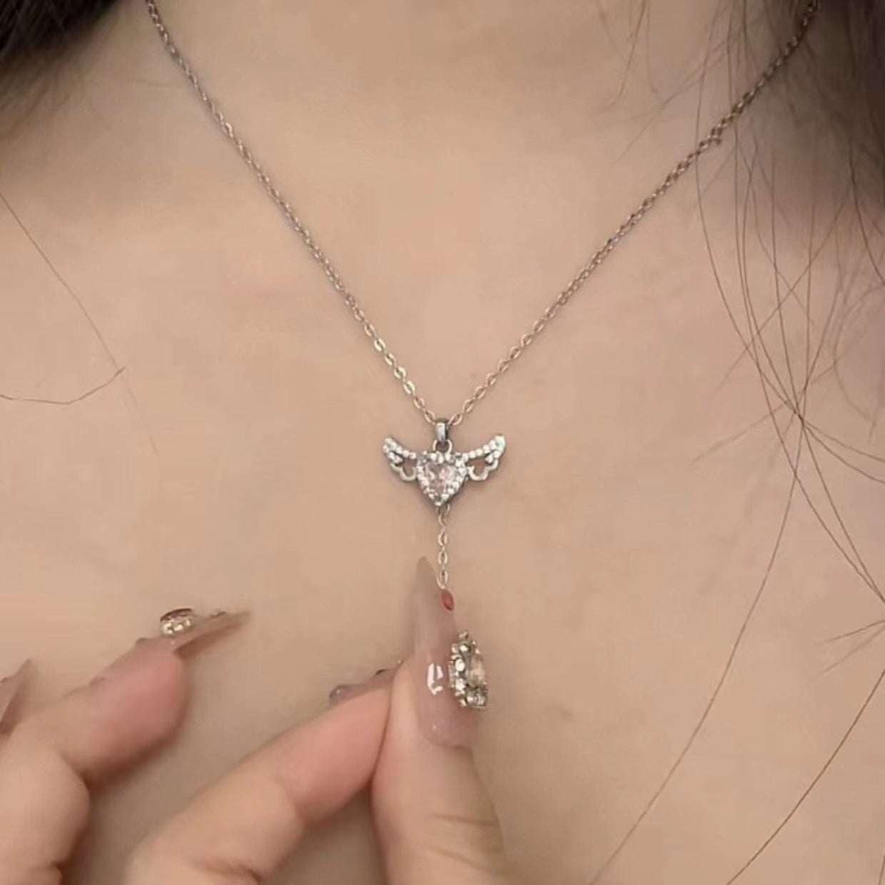 Moving Cupid Heart Angel Wings Tassel Necklace With Crystal Clavicle Chain Women Jewelry Gift Valentine's Day Orazek UK Ltd
