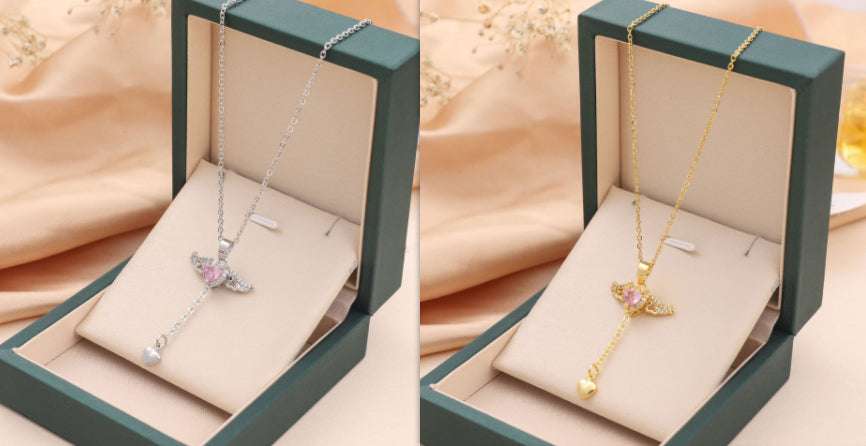 Moving Cupid Heart Angel Wings Tassel Necklace With Crystal Clavicle Chain Women Jewelry Gift Valentine's Day Orazek UK Ltd