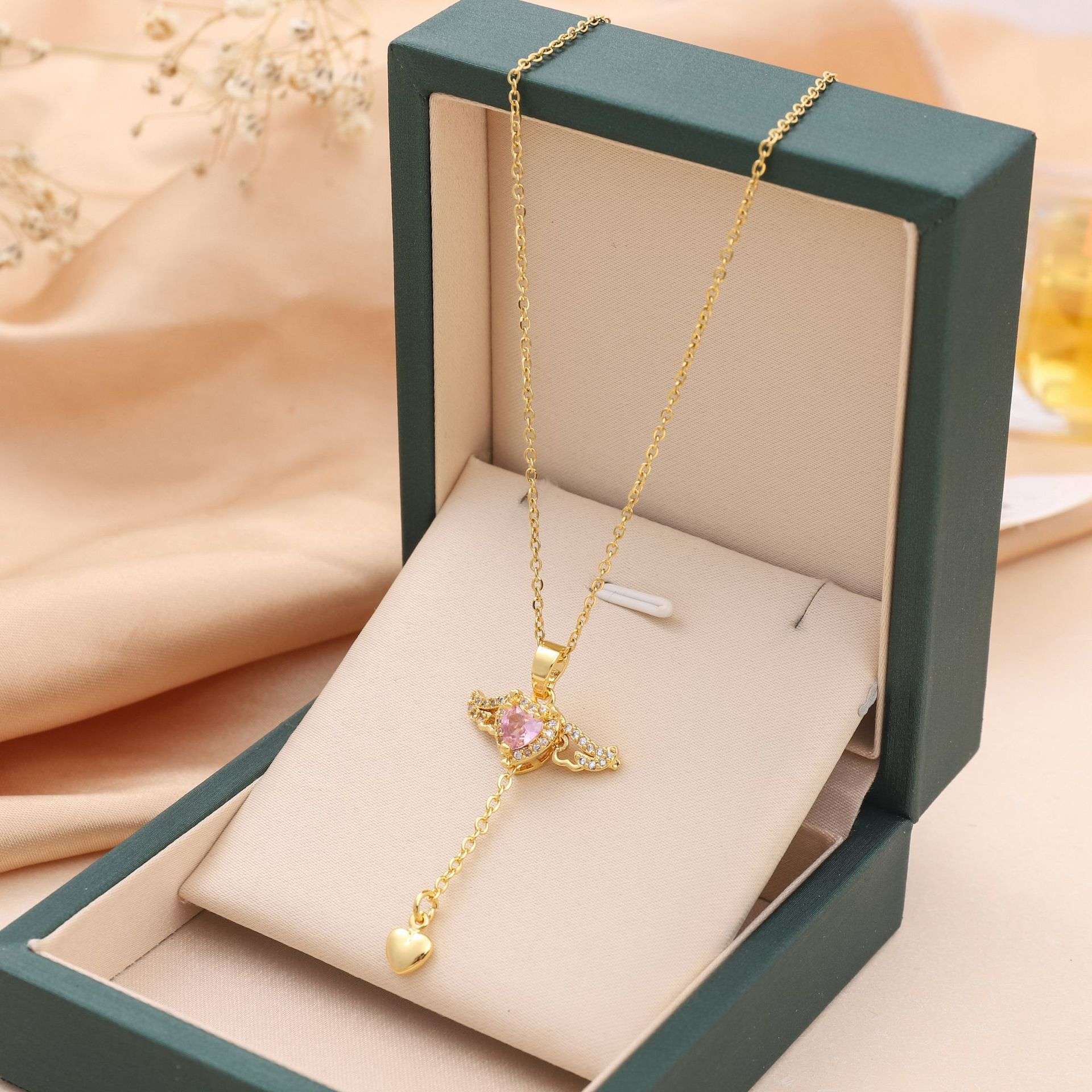 Moving Cupid Heart Angel Wings Tassel Necklace With Crystal Clavicle Chain Women Jewelry Gift Valentine's Day Orazek UK Ltd