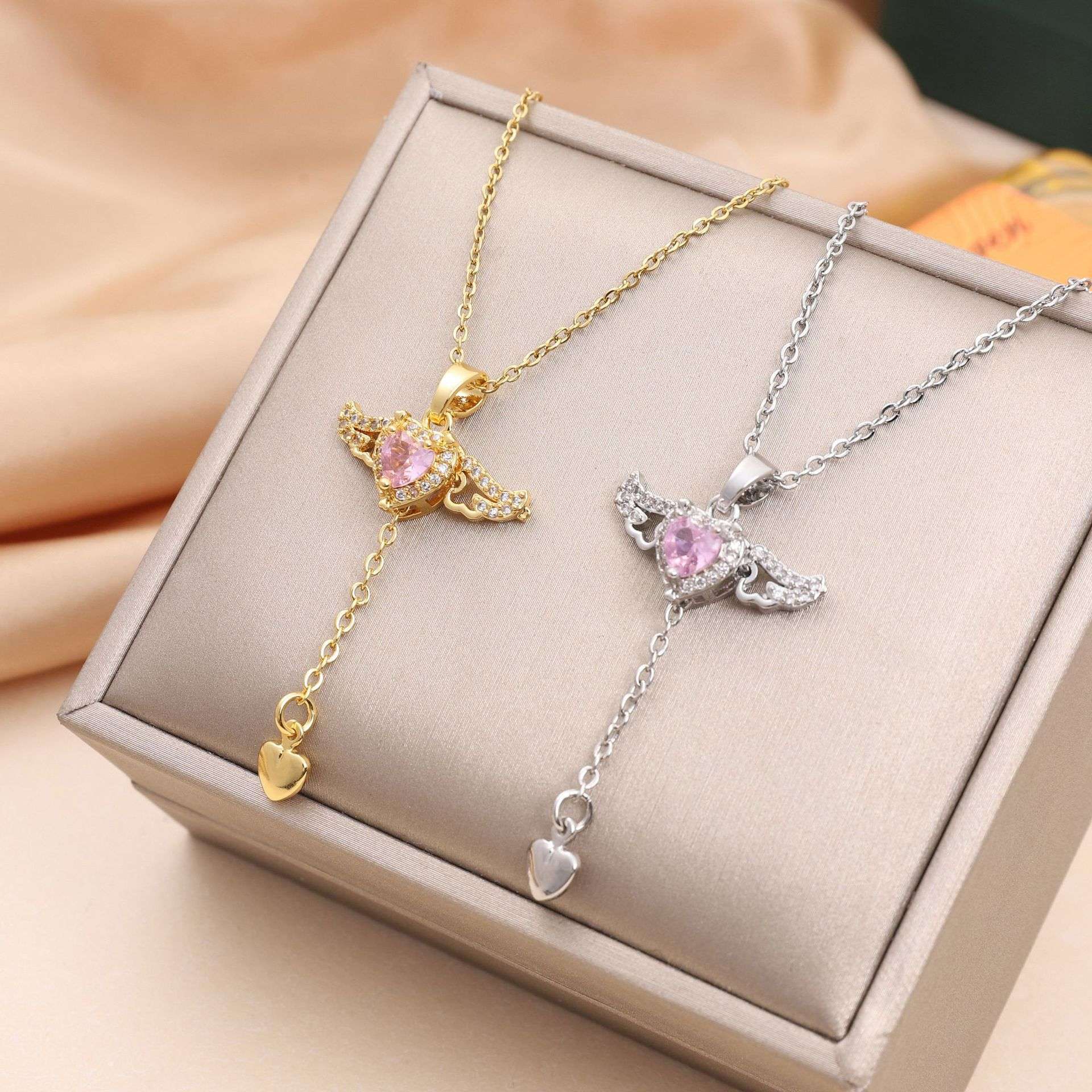 Moving Cupid Heart Angel Wings Tassel Necklace With Crystal Clavicle Chain Women Jewelry Gift Valentine's Day Orazek UK Ltd