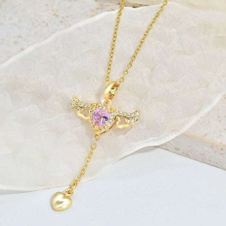 Moving Cupid Heart Angel Wings Tassel Necklace With Crystal Clavicle Chain Women Jewelry Gift Valentine's Day | Orazek UK Ltd