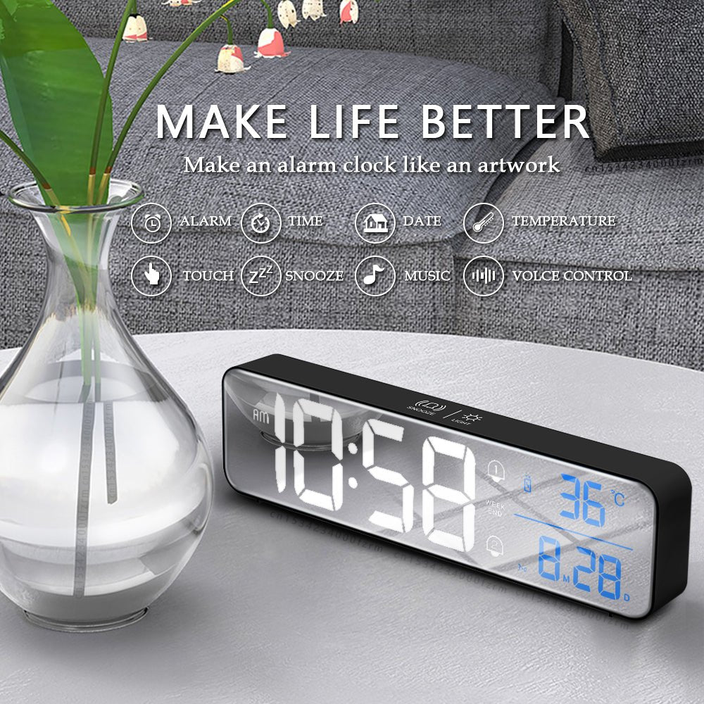 Music LED Digital Alarm Clock Temperature Date Display Desktop Mirror Clocks Home Table Decoration Electronic Clock | Orazek UK Ltd