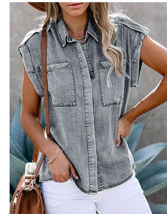 New Style Sleeveless Denim Shirt Straight Pocket Loose Blouse Women | Orazek UK Ltd