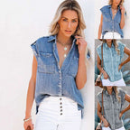 New Style Sleeveless Denim Shirt Straight Pocket Loose Blouse Women | Orazek UK Ltd