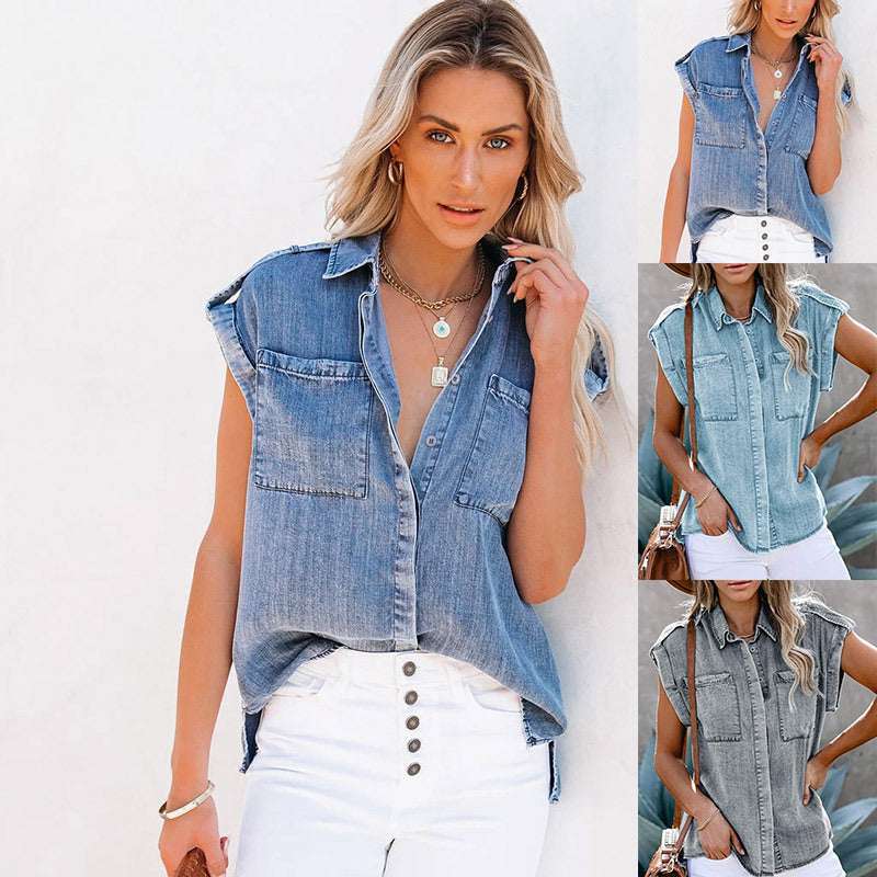 New Style Sleeveless Denim Shirt Straight Pocket Loose Blouse Women | Orazek UK Ltd