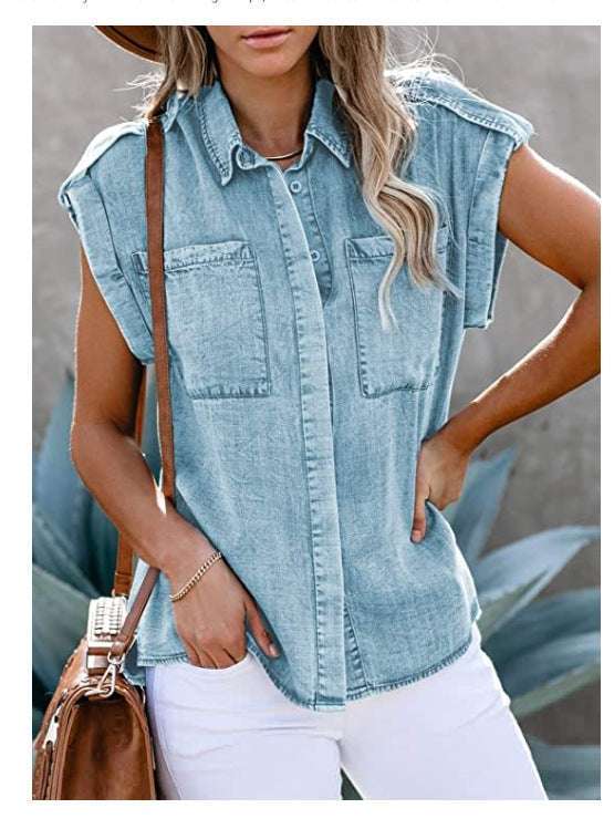 New Style Sleeveless Denim Shirt Straight Pocket Loose Blouse Women | Orazek UK Ltd