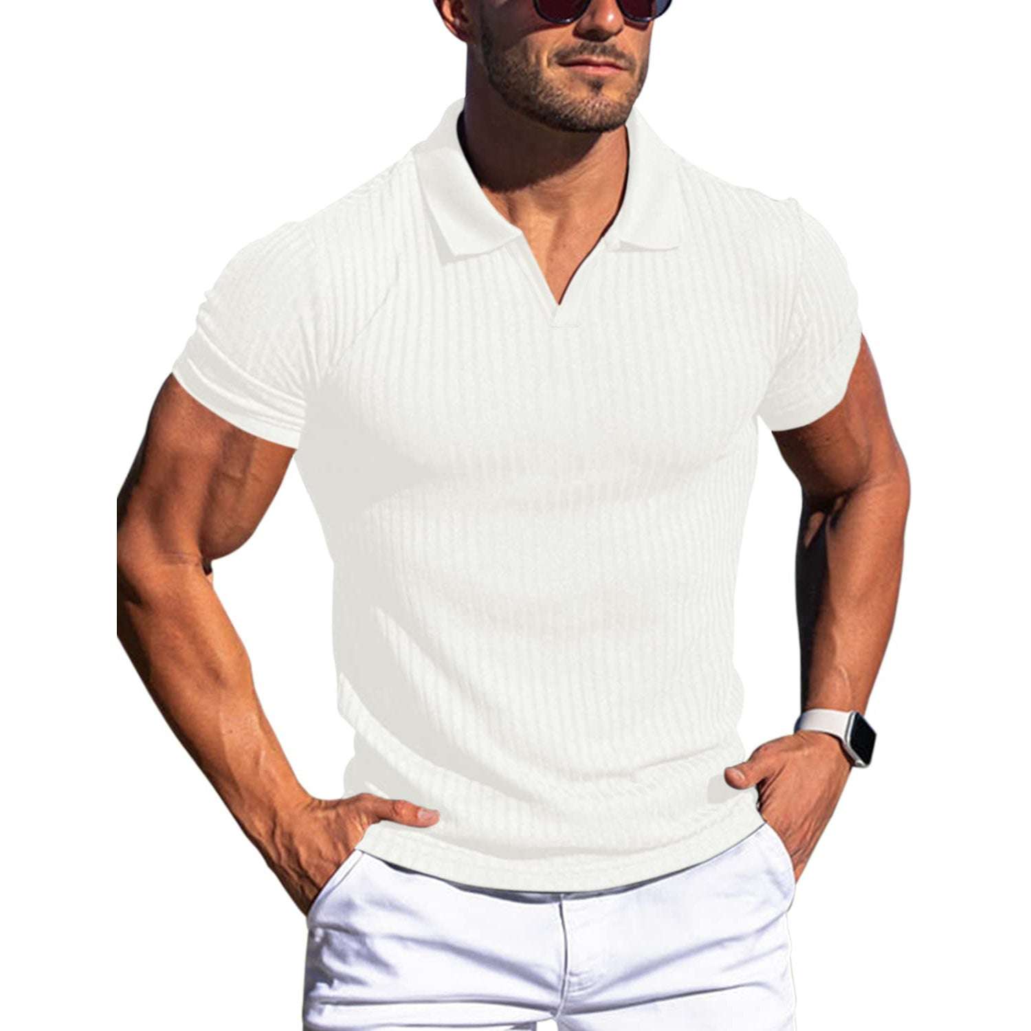 Polo Shirt Lapel V-neck Vertical Striped Short Sleeve Men's T-shirt Orazek UK Ltd