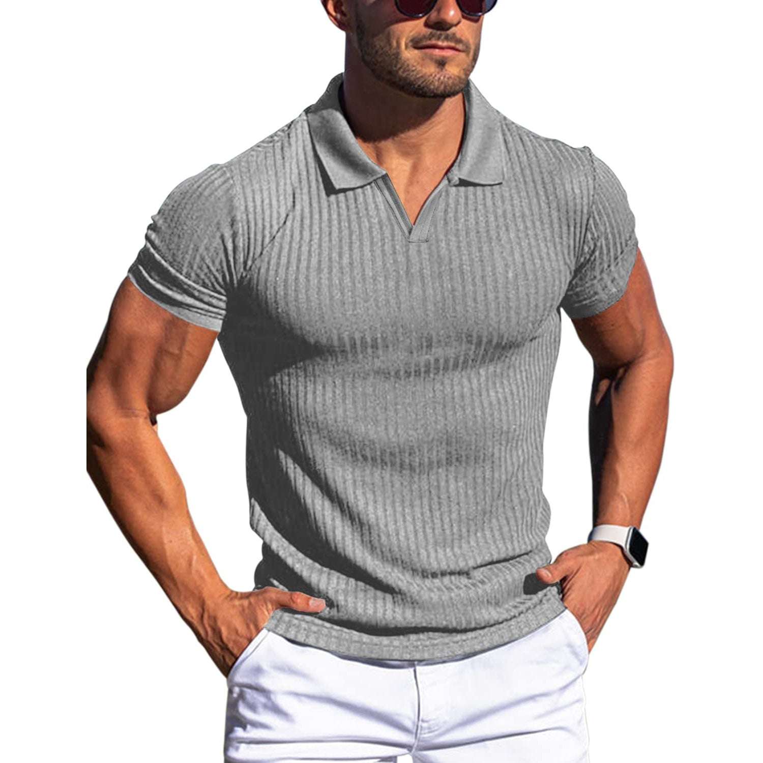 Polo Shirt Lapel V-neck Vertical Striped Short Sleeve Men's T-shirt Orazek UK Ltd
