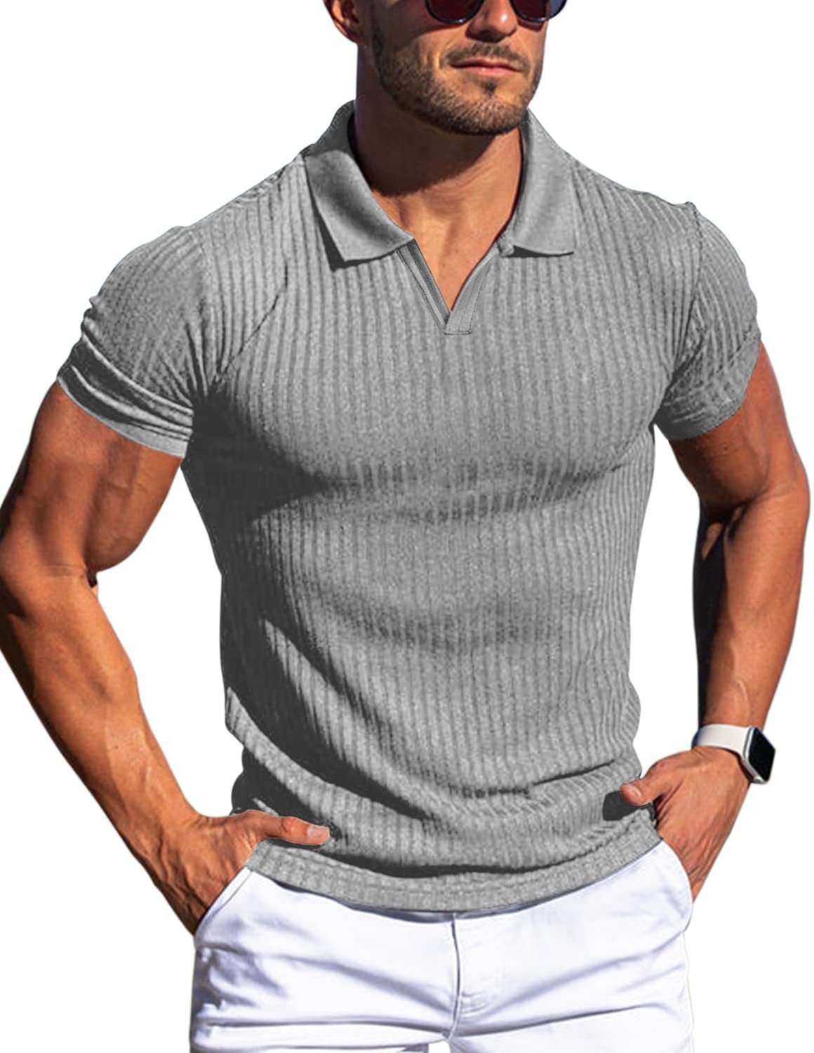 Polo Shirt Lapel V-neck Vertical Striped Short Sleeve Men's T-shirt Orazek UK Ltd
