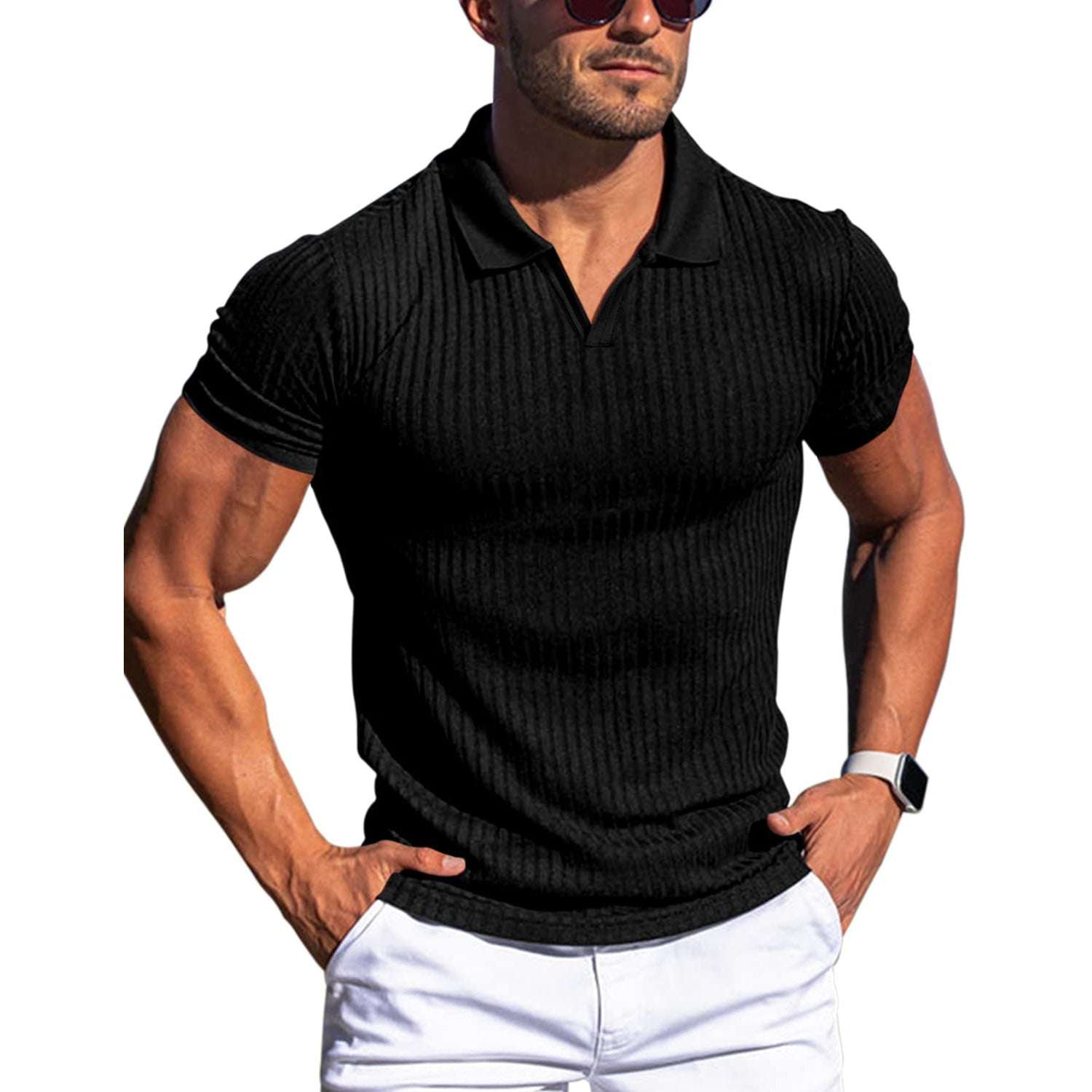 Polo Shirt Lapel V-neck Vertical Striped Short Sleeve Men's T-shirt Orazek UK Ltd
