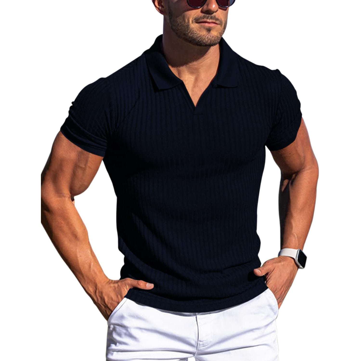 Polo Shirt Lapel V-neck Vertical Striped Short Sleeve Men's T-shirt Orazek UK Ltd
