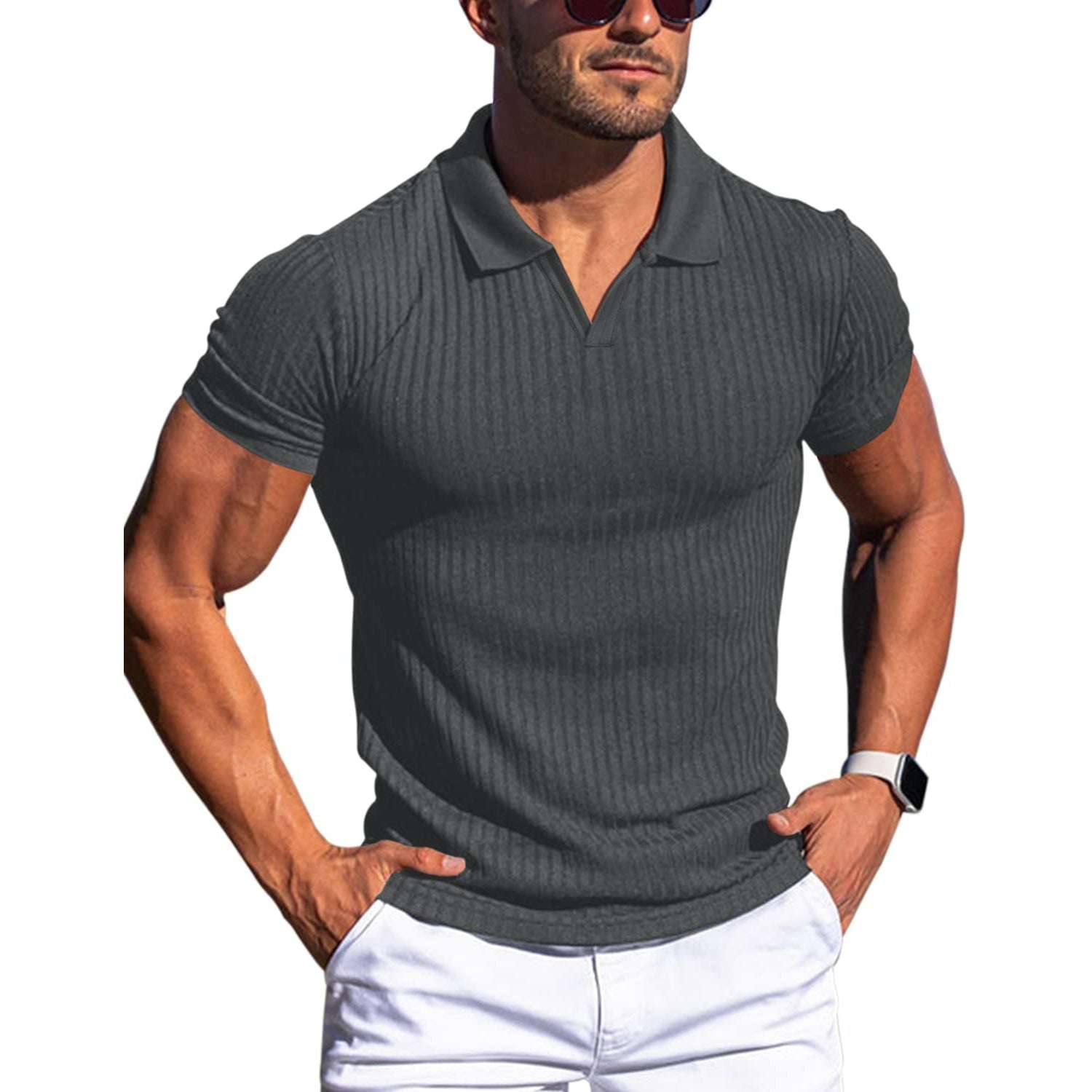 Polo Shirt Lapel V-neck Vertical Striped Short Sleeve Men's T-shirt Orazek UK Ltd