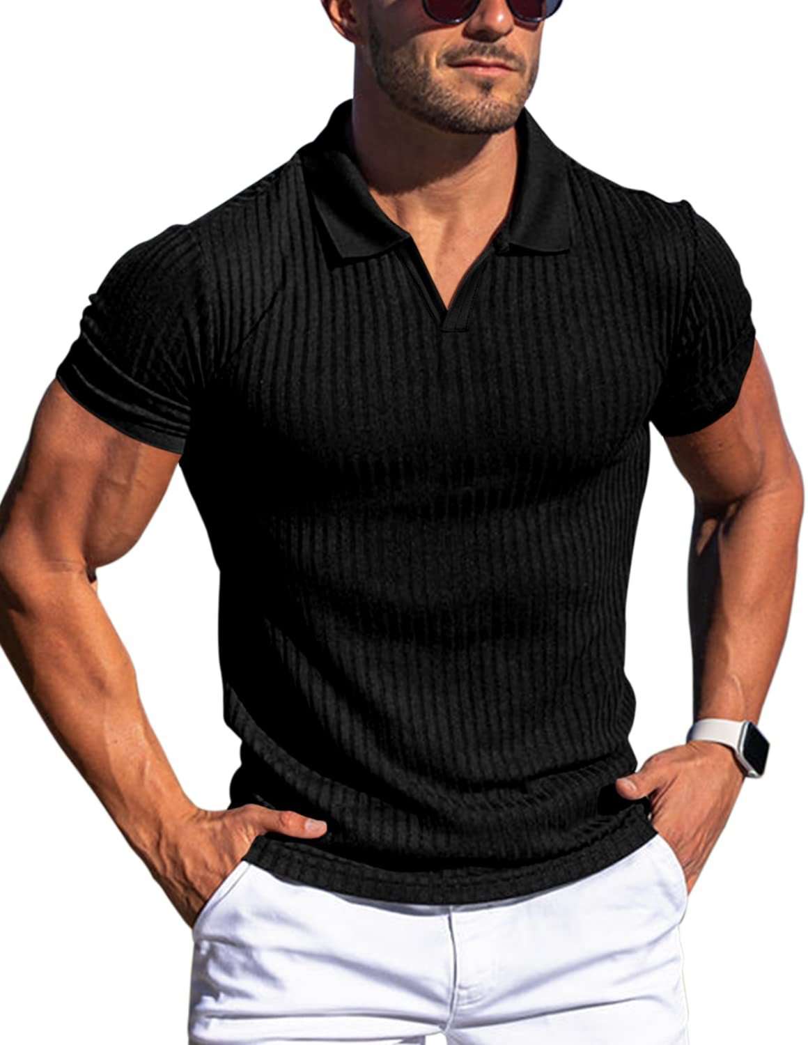Polo Shirt Lapel V-neck Vertical Striped Short Sleeve Men's T-shirt Orazek UK Ltd