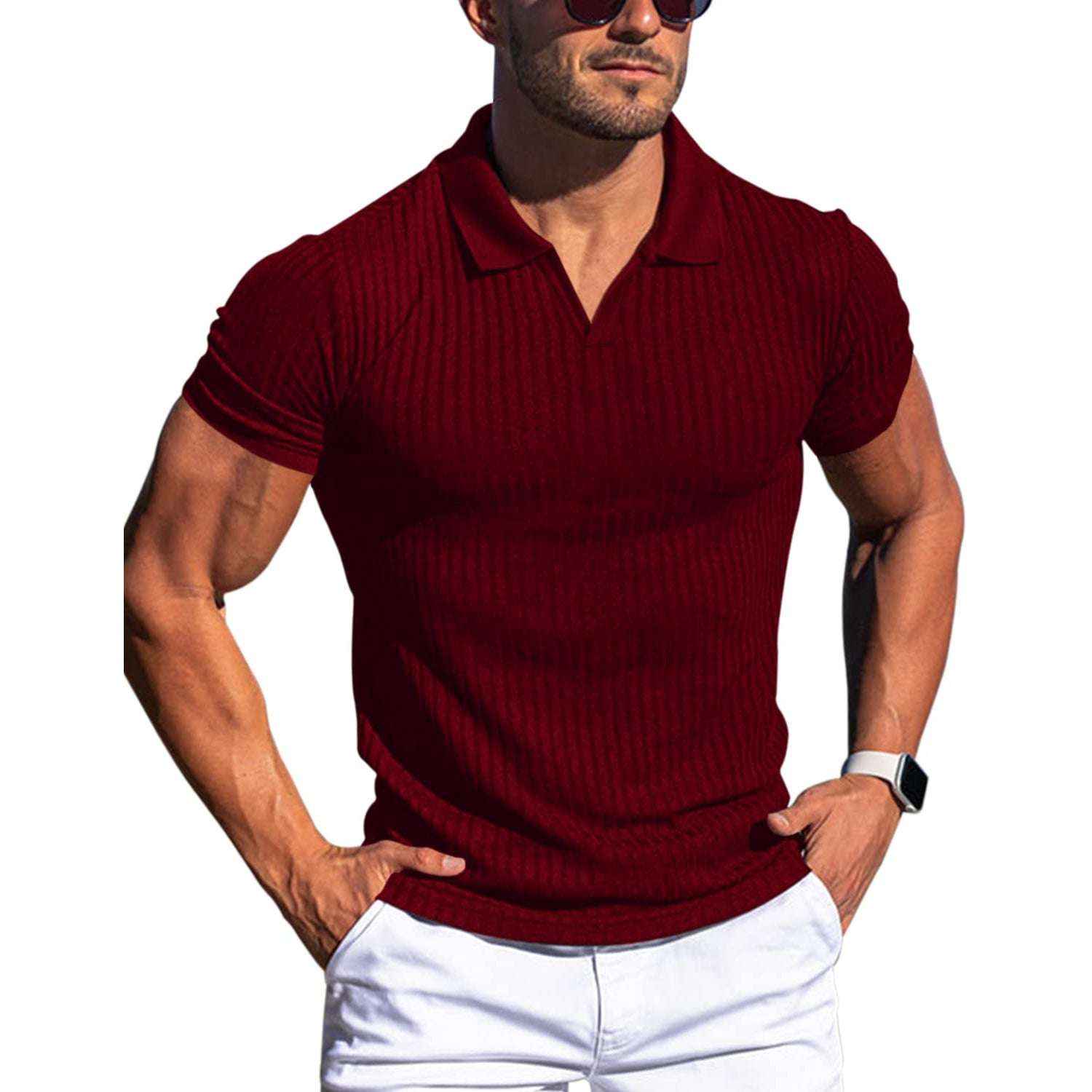 Polo Shirt Lapel V-neck Vertical Striped Short Sleeve Men's T-shirt Orazek UK Ltd