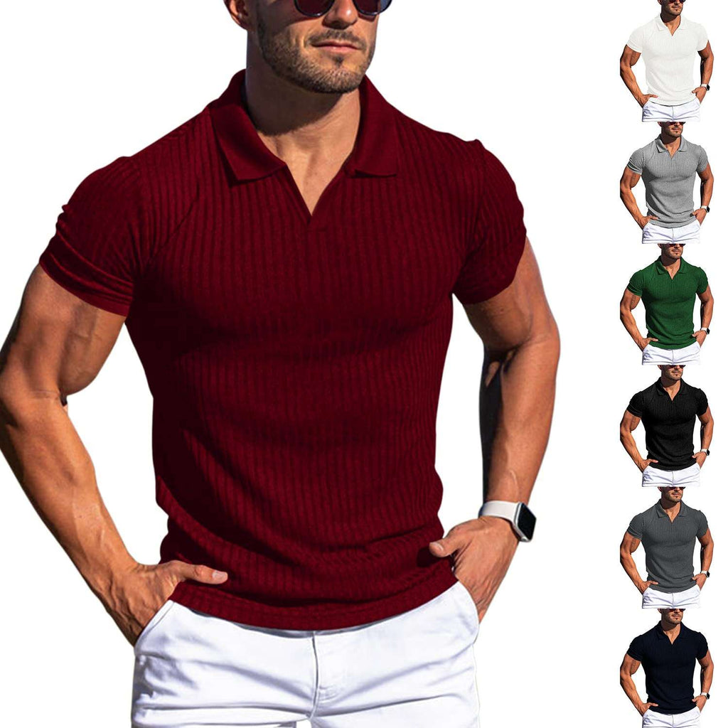 Polo Shirt Lapel V-neck Vertical Striped Short Sleeve Men's T-shirt | Orazek UK Ltd