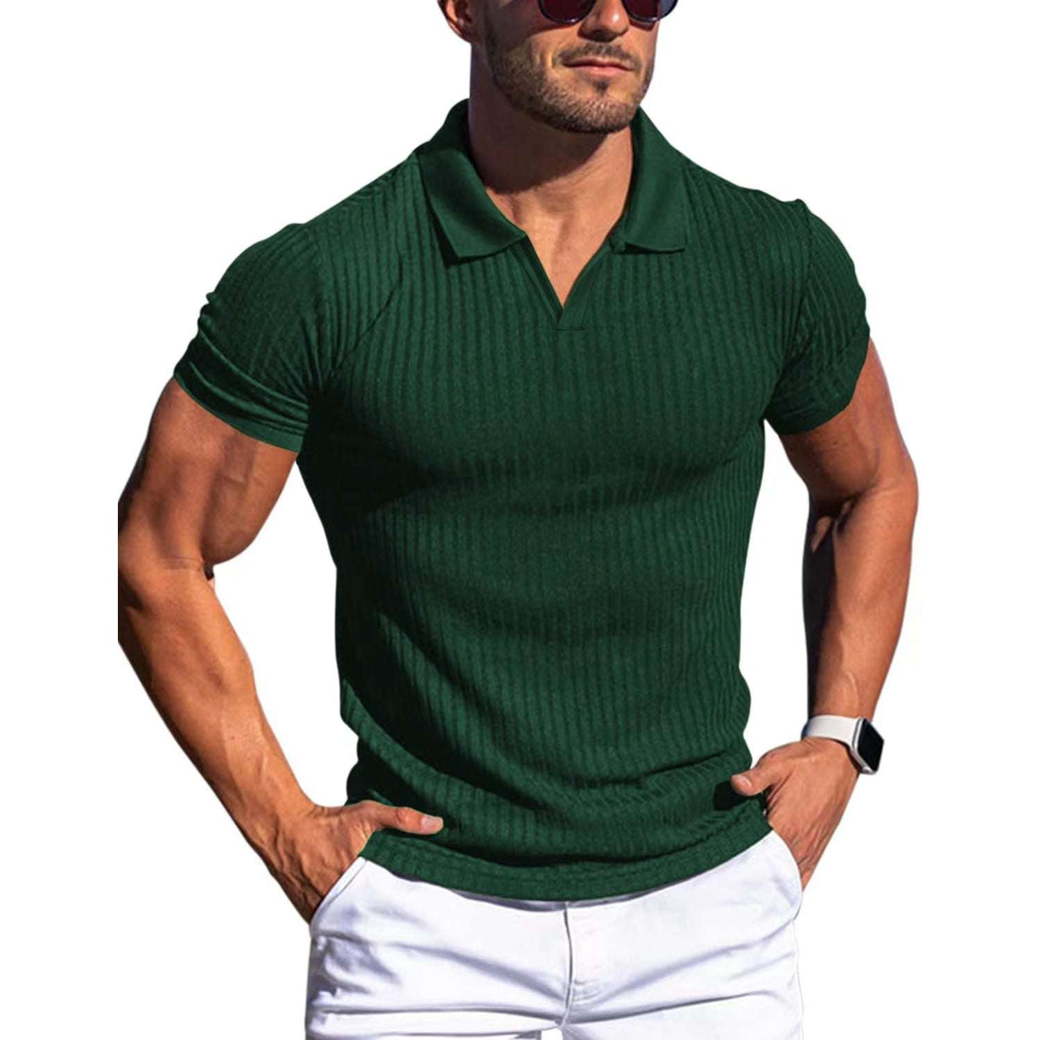 Polo Shirt Lapel V-neck Vertical Striped Short Sleeve Men's T-shirt | Orazek UK Ltd