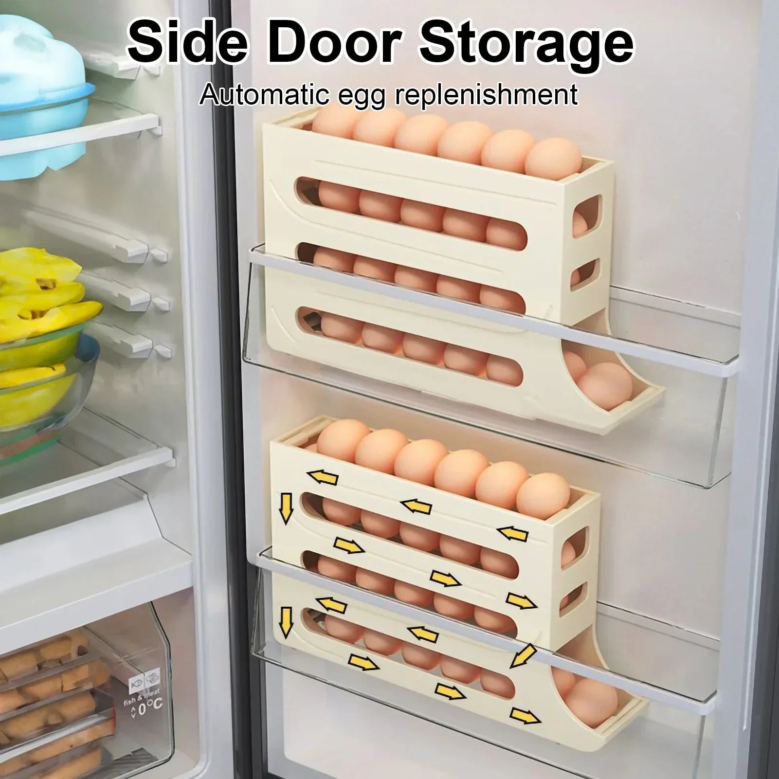 Refrigerator 4-Layer Automatic Egg Roller Sliding Egg Tray Refrigerator Side Door Large Capacity Holder Egg Storage Box Kitchen Gadgets | Orazek UK Ltd