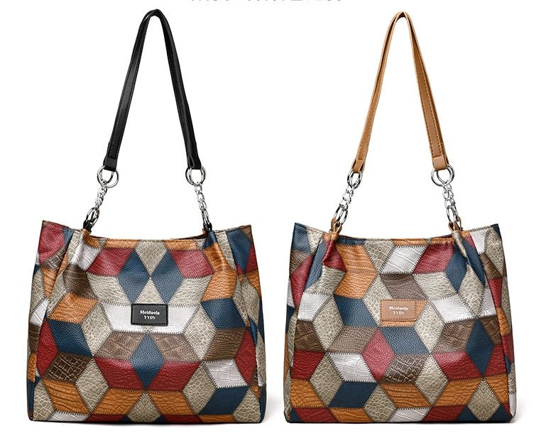 Retro Geometric Pattern Color-matching Shoulder Bag Fashion Large Capacity Stitching Handbag For Women Totes | Orazek UK Ltd