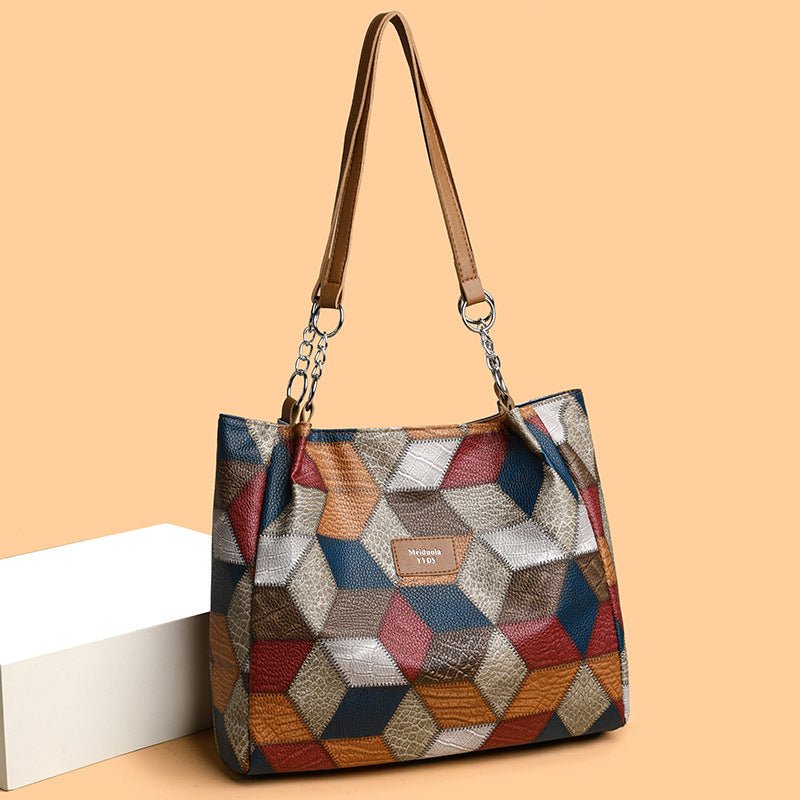 Retro Geometric Pattern Color-matching Shoulder Bag Fashion Large Capacity Stitching Handbag For Women Totes | Orazek UK Ltd