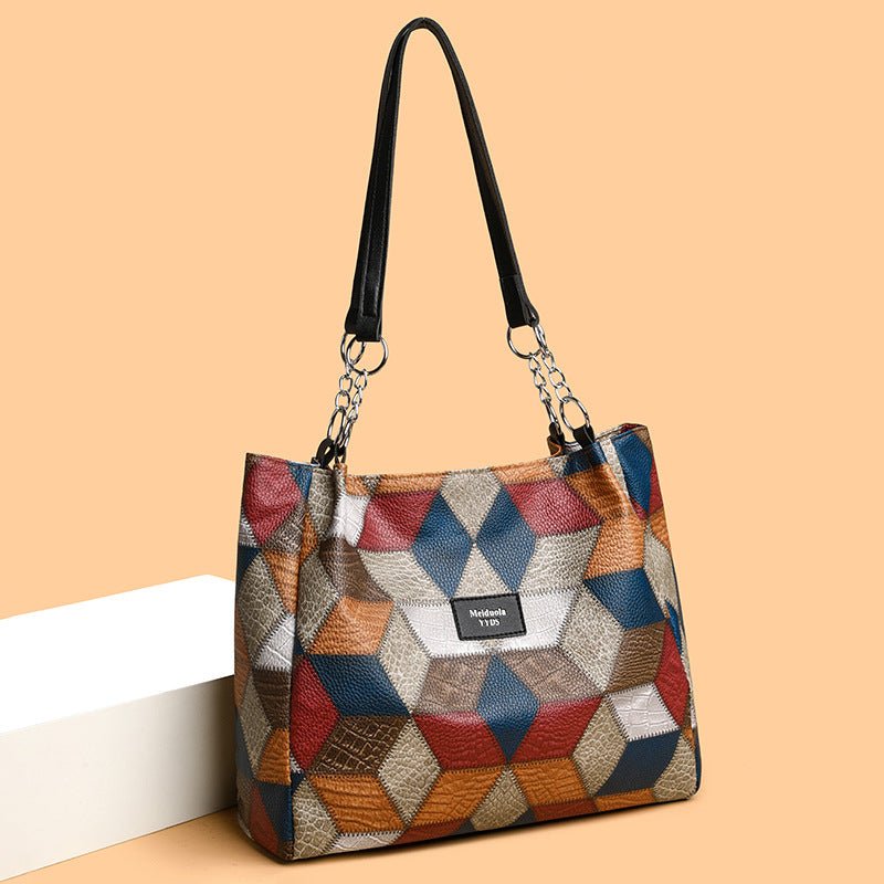 Retro Geometric Pattern Color-matching Shoulder Bag Fashion Large Capacity Stitching Handbag For Women Totes | Orazek UK Ltd