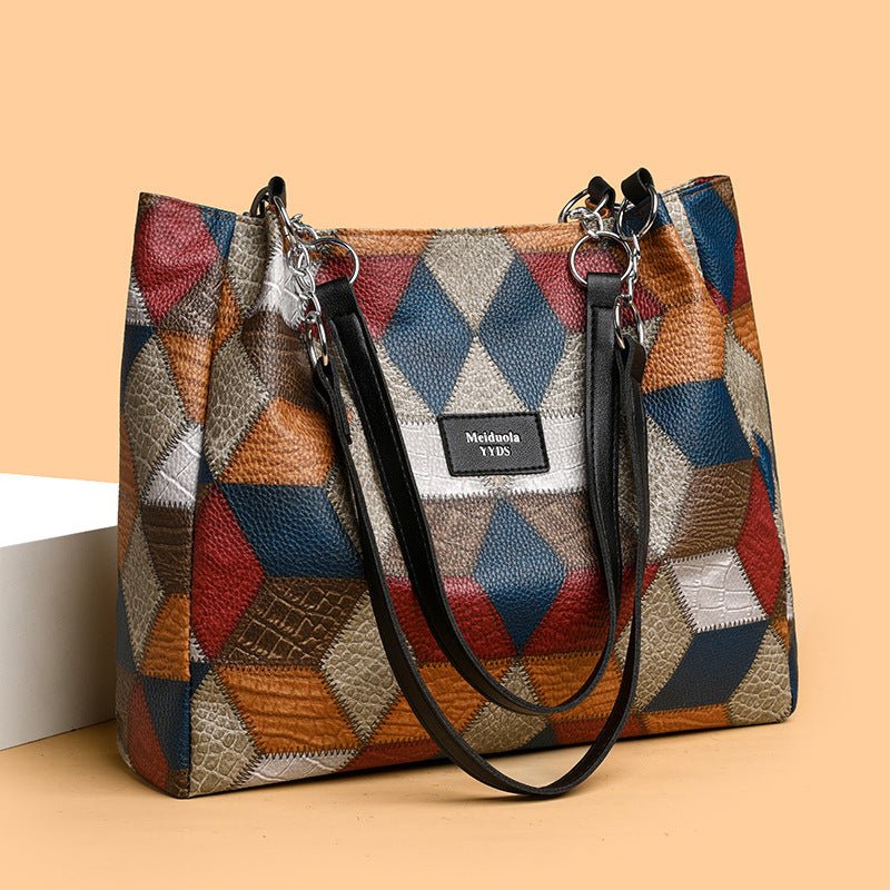 Retro Geometric Pattern Color-matching Shoulder Bag Fashion Large Capacity Stitching Handbag For Women Totes | Orazek UK Ltd