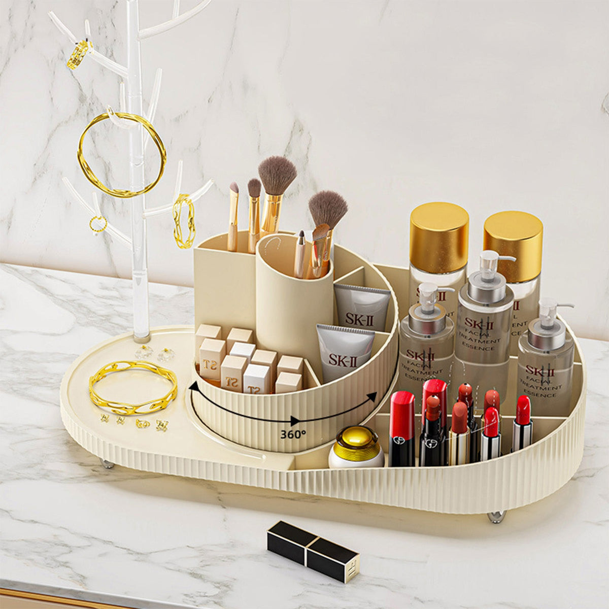 Rotating Makeup Organizer With Jewelry Storage Large Capacity Cosmetic Display Case Holds 20 Brushes, 10 Lipsticks, 8 Skincare Products 360 Spinning Vanity Organizer For Countertop & Bathroom | Orazek UK Ltd