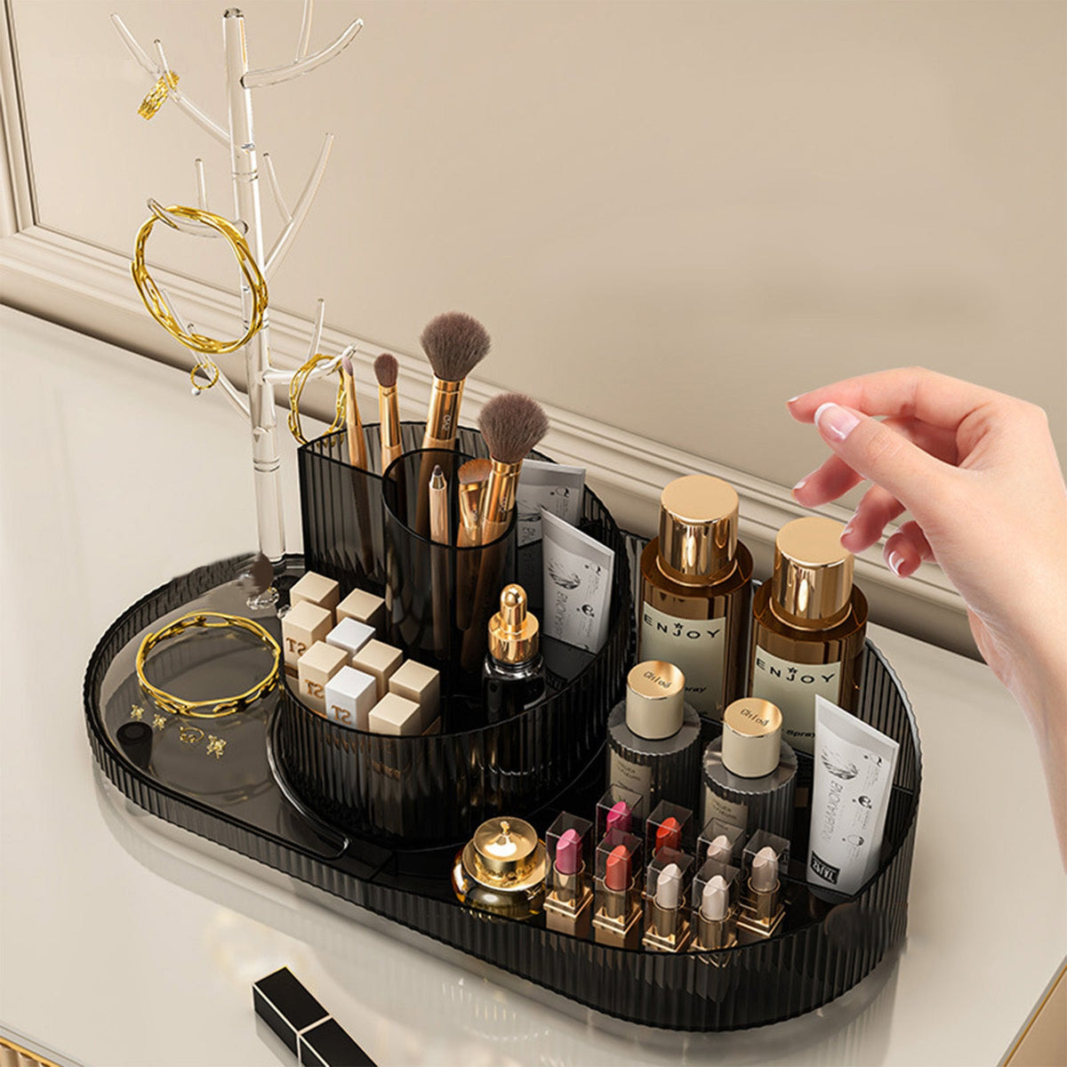 Rotating Makeup Organizer With Jewelry Storage Large Capacity Cosmetic Display Case Holds 20 Brushes, 10 Lipsticks, 8 Skincare Products 360 Spinning Vanity Organizer For Countertop & Bathroom | Orazek UK Ltd