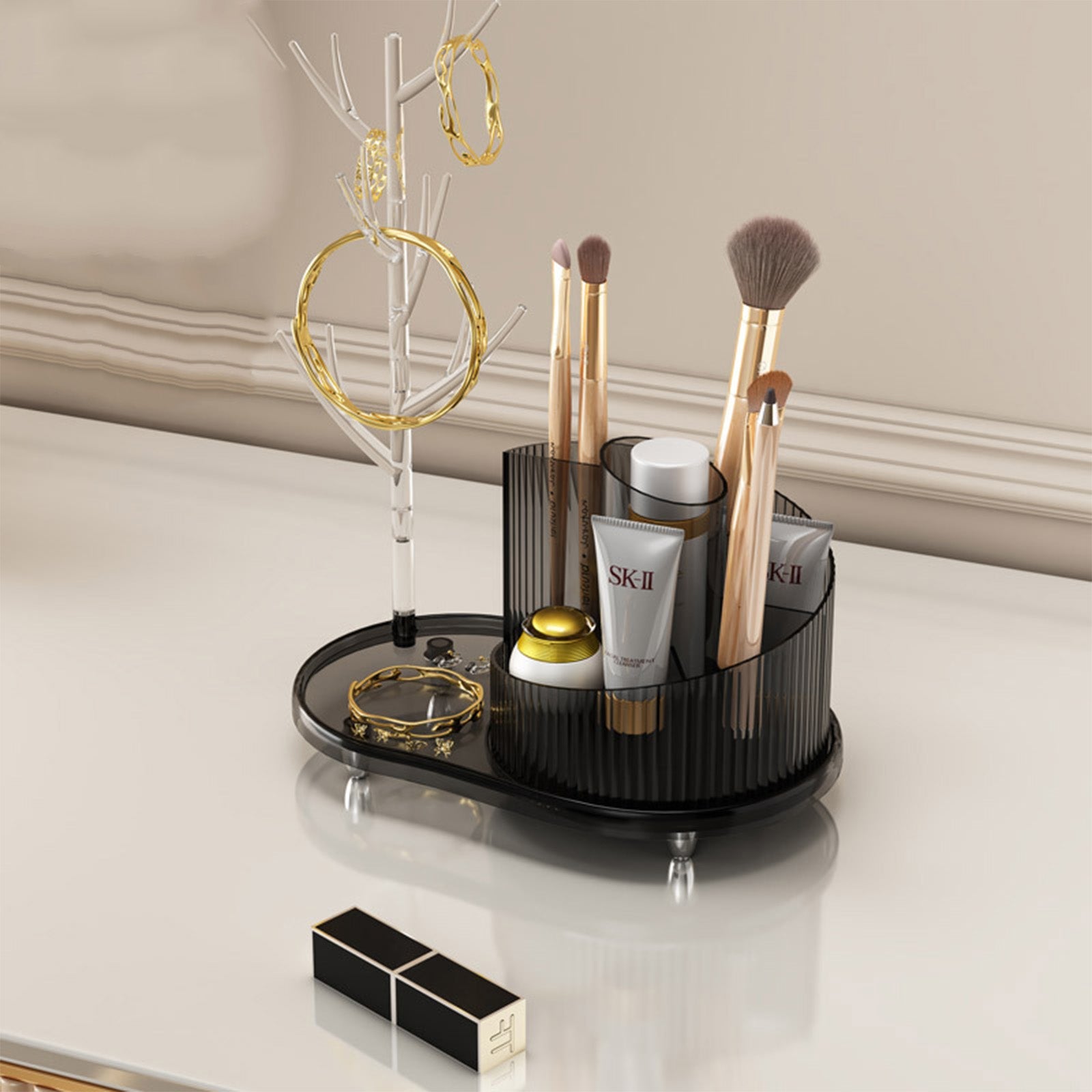 Rotating Makeup Organizer With Jewelry Storage Large Capacity Cosmetic Display Case Holds 20 Brushes, 10 Lipsticks, 8 Skincare Products 360 Spinning Vanity Organizer For Countertop & Bathroom | Orazek UK Ltd