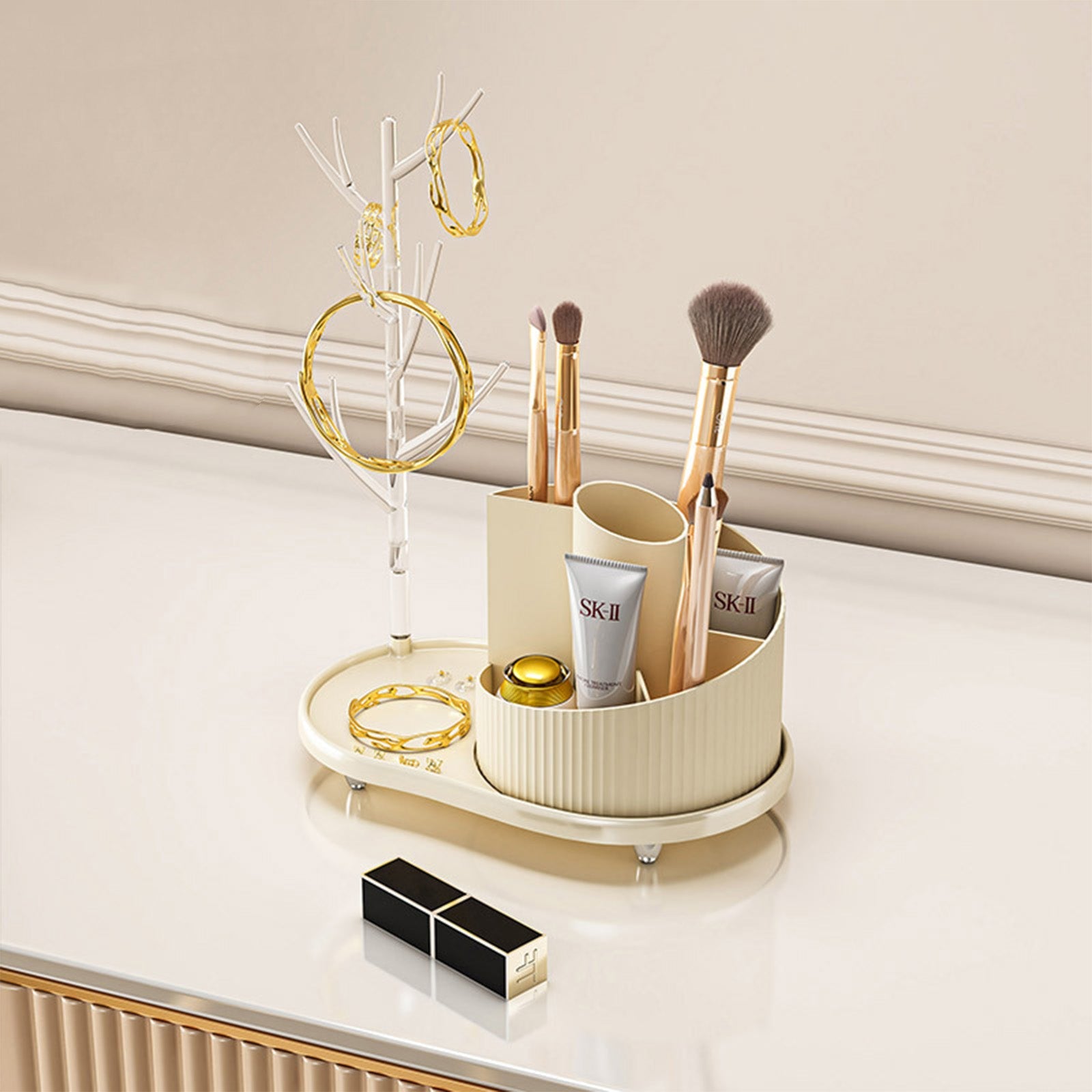 Rotating Makeup Organizer With Jewelry Storage Large Capacity Cosmetic Display Case Holds 20 Brushes, 10 Lipsticks, 8 Skincare Products 360 Spinning Vanity Organizer For Countertop & Bathroom | Orazek UK Ltd
