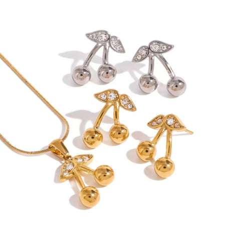 Stainless Steel Cherry Necklace Cute Earrings Ornament Women | Orazek UK Ltd