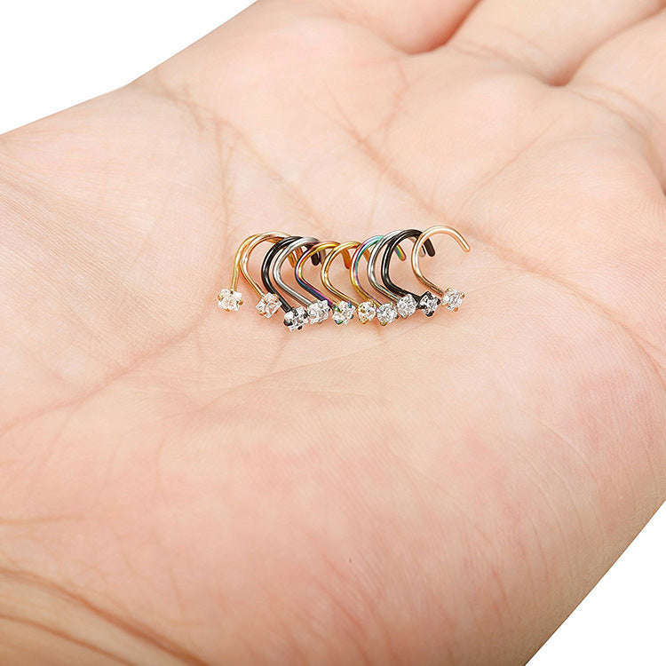 Stainless Steel Diamond-Studded Curved Bar Nose Ring | Orazek UK Ltd