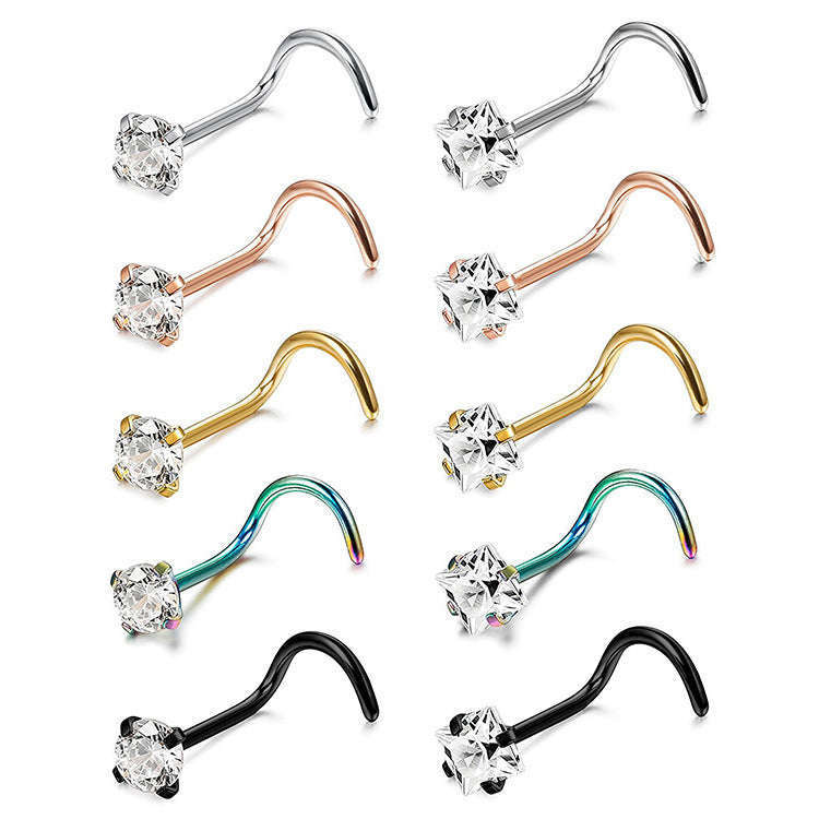 Stainless Steel Diamond-Studded Curved Bar Nose Ring | Orazek UK Ltd