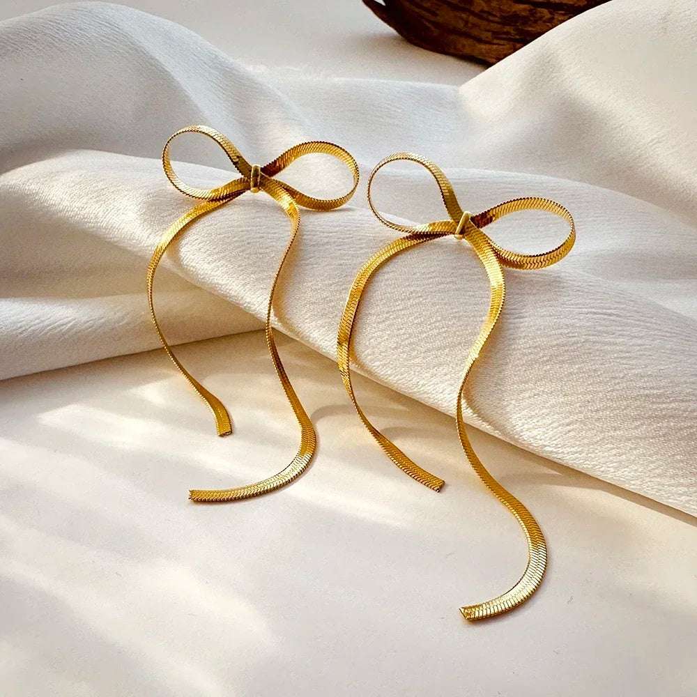 Stainless Steel Jewelry Wholesale Non-tarnish Herringbone Bow Earrings Hypoallergenic 18k Gold Plated Ribbon Bow Bowknot Earring | Orazek UK Ltd