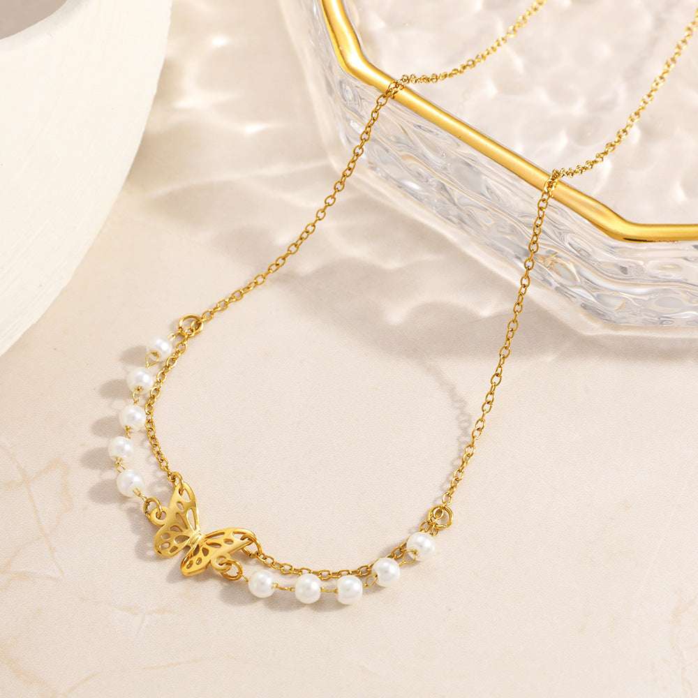 Stainless Steel Necklace With Butterfly And Pearl Wings Layered Light Luxury Style | Orazek UK Ltd