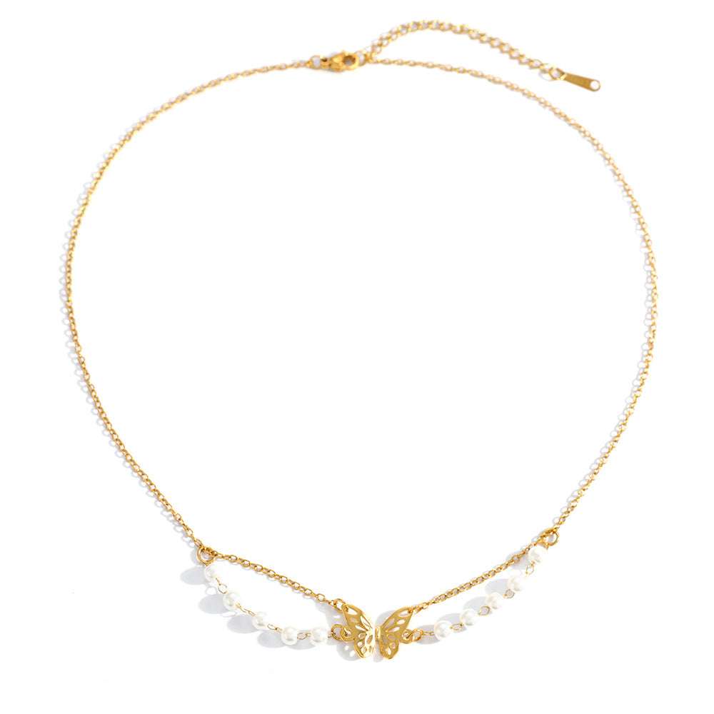 Stainless Steel Necklace With Butterfly And Pearl Wings Layered Light Luxury Style | Orazek UK Ltd