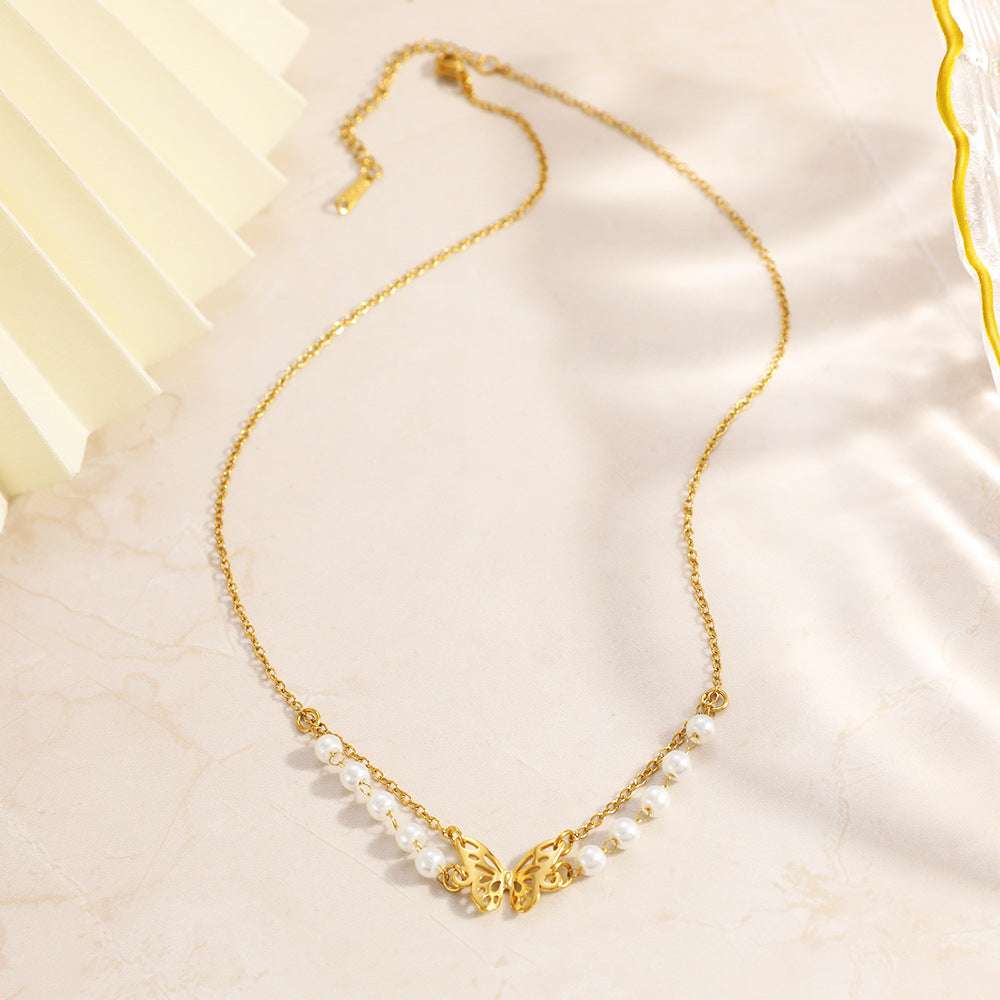Stainless Steel Necklace With Butterfly And Pearl Wings Layered Light Luxury Style | Orazek UK Ltd