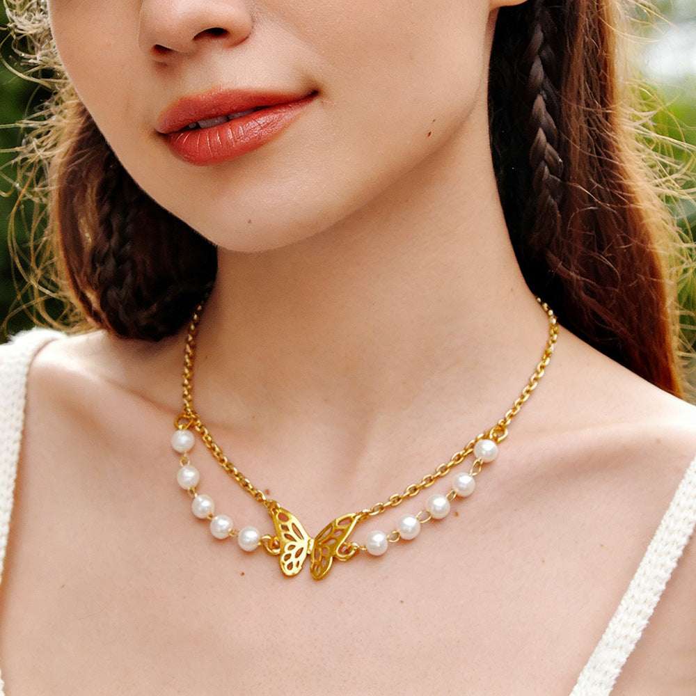 Stainless Steel Necklace With Butterfly And Pearl Wings Layered Light Luxury Style | Orazek UK Ltd