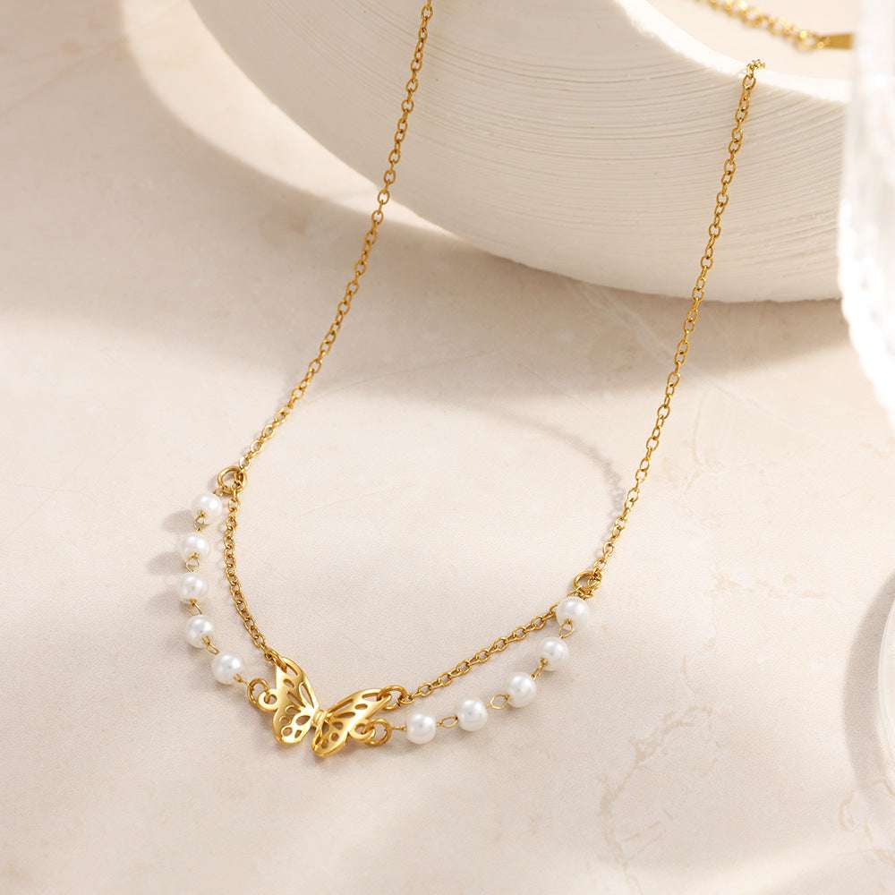 Stainless Steel Necklace With Butterfly And Pearl Wings Layered Light Luxury Style | Orazek UK Ltd