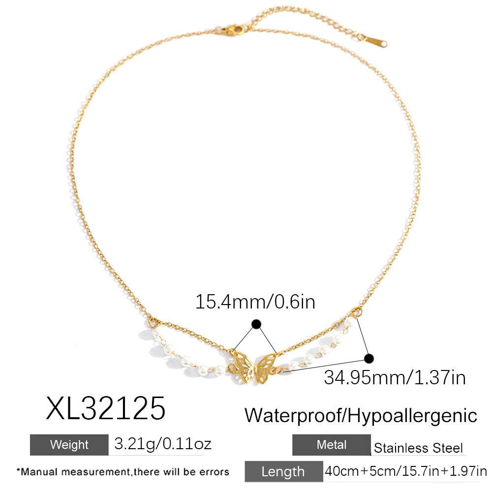 Stainless Steel Necklace With Butterfly And Pearl Wings Layered Light Luxury Style | Orazek UK Ltd