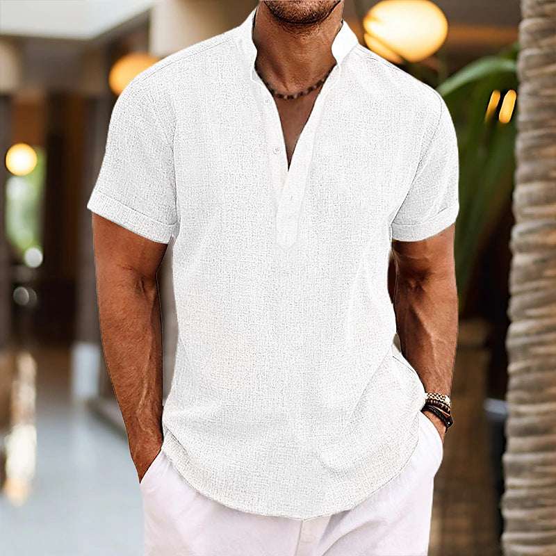 Stand Collar Men's Half Cardigan Cotton And Linen Short Sleeve Shirt | Orazek UK Ltd