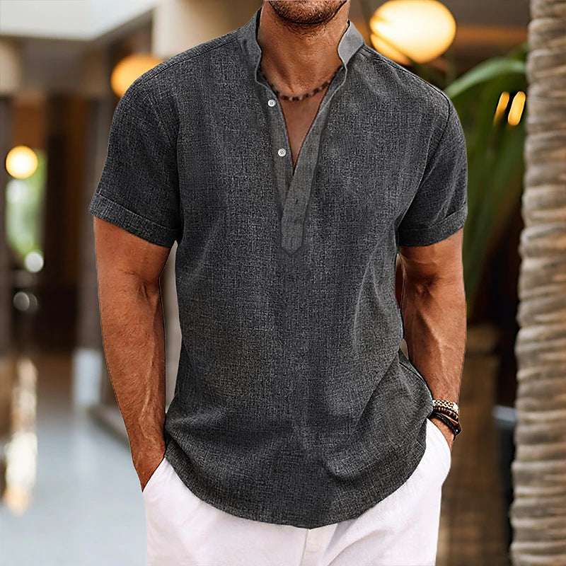 Stand Collar Men's Half Cardigan Cotton And Linen Short Sleeve Shirt | Orazek UK Ltd