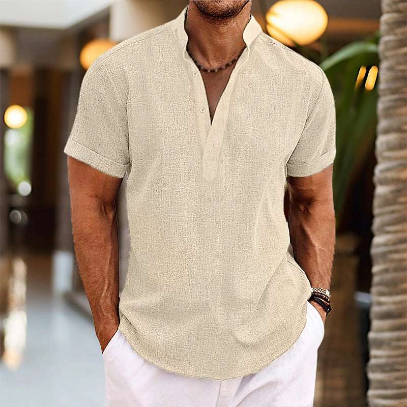 Stand Collar Men's Half Cardigan Cotton And Linen Short Sleeve Shirt | Orazek UK Ltd