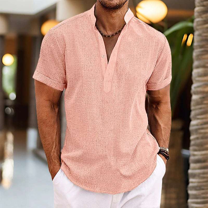 Stand Collar Men's Half Cardigan Cotton And Linen Short Sleeve Shirt | Orazek UK Ltd