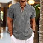 Stand Collar Men's Half Cardigan Cotton And Linen Short Sleeve Shirt | Orazek UK Ltd