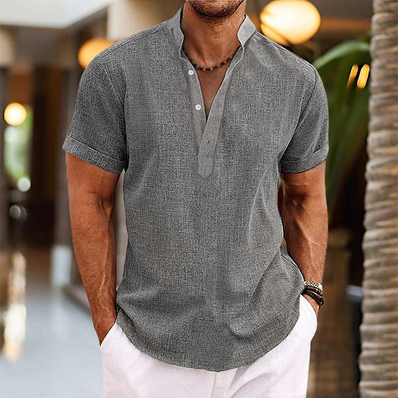 Stand Collar Men's Half Cardigan Cotton And Linen Short Sleeve Shirt | Orazek UK Ltd