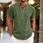 Stand Collar Men's Half Cardigan Cotton And Linen Short Sleeve Shirt | Orazek UK Ltd