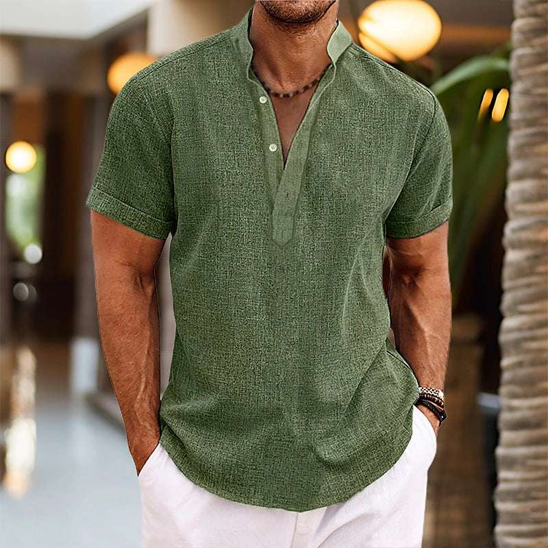 Stand Collar Men's Half Cardigan Cotton And Linen Short Sleeve Shirt | Orazek UK Ltd