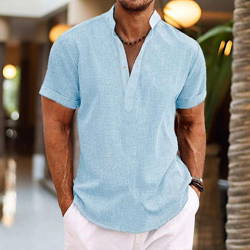 Stand Collar Men's Half Cardigan Cotton And Linen Short Sleeve Shirt | Orazek UK Ltd