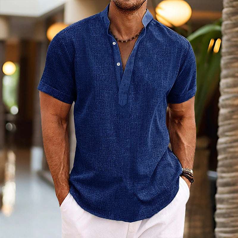 Stand Collar Men's Half Cardigan Cotton And Linen Short Sleeve Shirt | Orazek UK Ltd